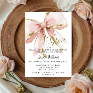 Elegant Coquette Pink & Gold Bow Sweet Sixteen Einladung