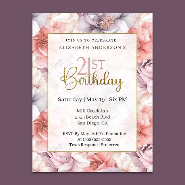 Elegant Coral and Lavender Peony 21st Birthday  Einladung (Von Creator hochgeladen)