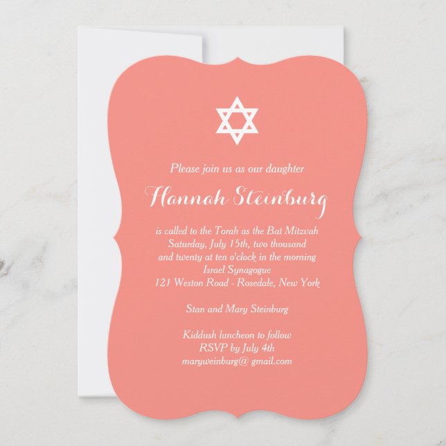 Elegant Coral Bat Mitzvah Einladung (Vorderseite)