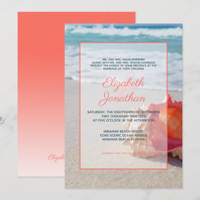 Elegant Coral Blue Tropical Beach Ombre Wedding Einladung (Vorne/Hinten)