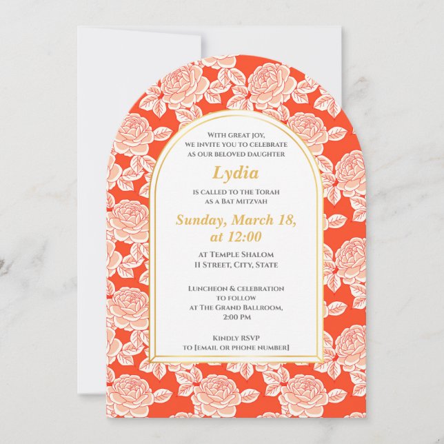 Elégant Coral Floral Bat mitzvah Invitation (Devant)