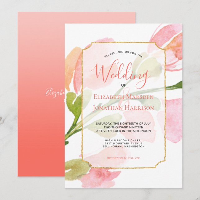 Elegant Coral Floral Ombre Gold Geometric Wedding Einladung (Vorne/Hinten)