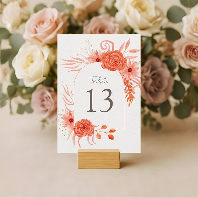 Elegant Coral Floral Terracotta Wedding Tischnummer (Von Creator hochgeladen)