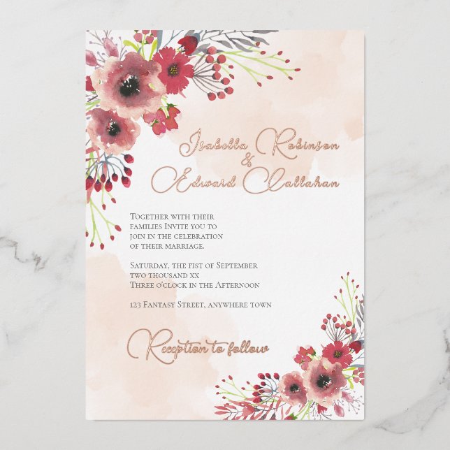 Elegant Coral Peony Wreath Wedding Folieneinladung (Vorderseite)