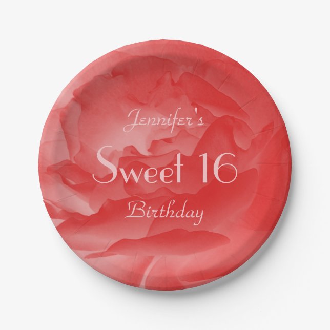 Elegant Coral Pink Rose, Sweet 16 Birthday Party Pappteller (Vorderseite)