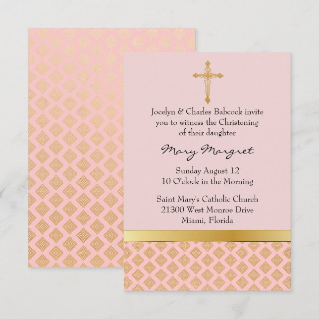 Elégant Coral rose bébé Christening Invitation (Devant / Derrière)