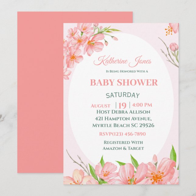 Elégant Coral rose Floral Baby shower Invitation (Devant / Derrière)