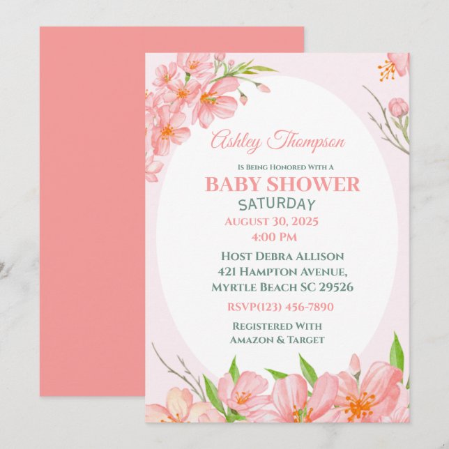Elégant Coral rose Floral Baby shower Invitation (Devant / Derrière)