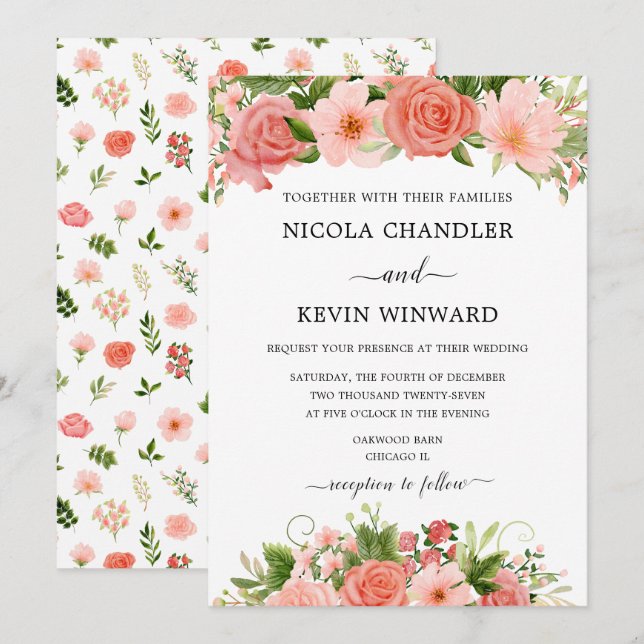Elegant Coral Roses Floral Wedding Einladung (Vorne/Hinten)