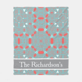 Elegant Coral Turquoise Grey Geometric Pattern Fleecedecke