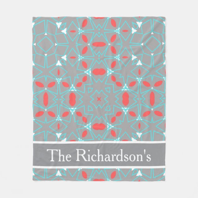 Elegant Coral Turquoise Grey Geometric Pattern  Fleecedecke (Vorderseite)