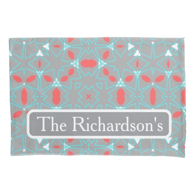 Elegant Coral Turquoise Grey Geometric Pattern  Kissenbezug (Vorderseite)