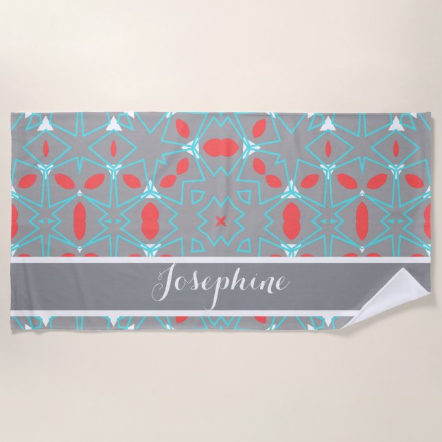 Elegant Coral Turquoise Grey Geometric Pattern  Strandtuch (Vorderseite)