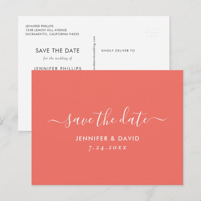 Elegant Coral Wedding speichern das Datum Ankündigungspostkarte (Vorne/Hinten)