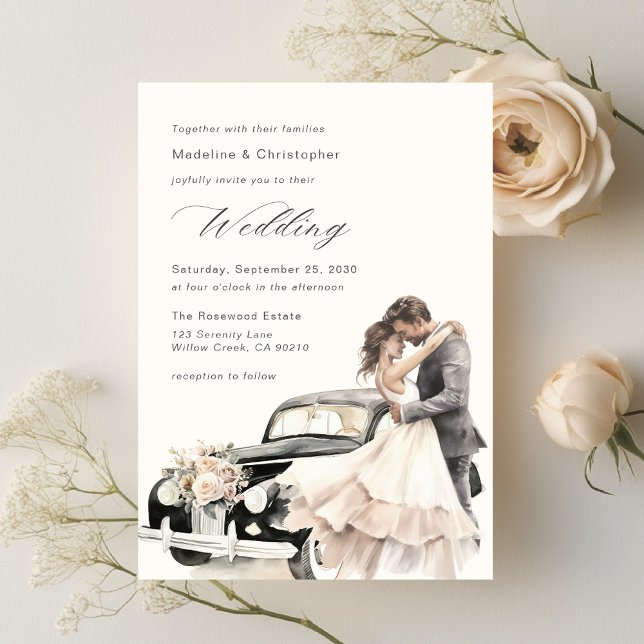 Elegant Couple Vintage Wedding Car Invitation (Créateur téléchargé)