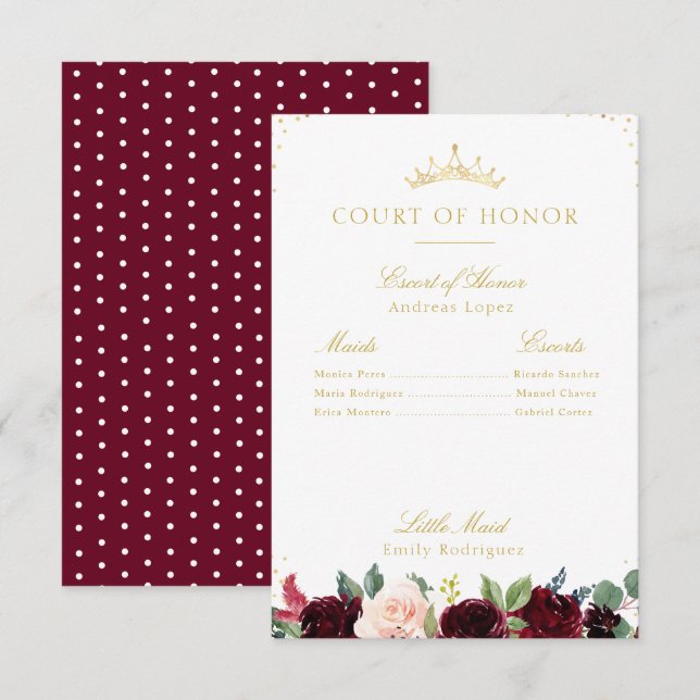 Elégant court floral bordeaux carte d'honneur (Devant / Derrière)