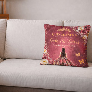 Élégant Coussin de Décoration Floral Bourgogne pou