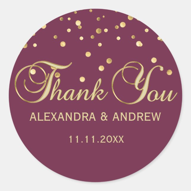 Elegant CRANBERRY Gold Wedding Vielen Dank Runder Aufkleber (Vorderseite)