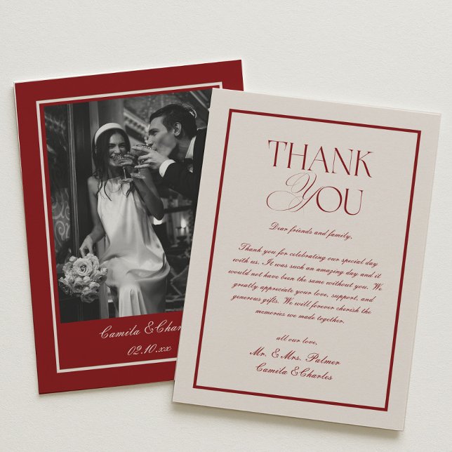 Elegant Cream and Burgundy Wedding Photo Dankeskarte (Von Creator hochgeladen)