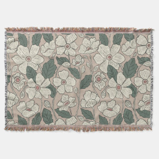 Elegant Cream Beige & Green Illustrated Floral  Decke