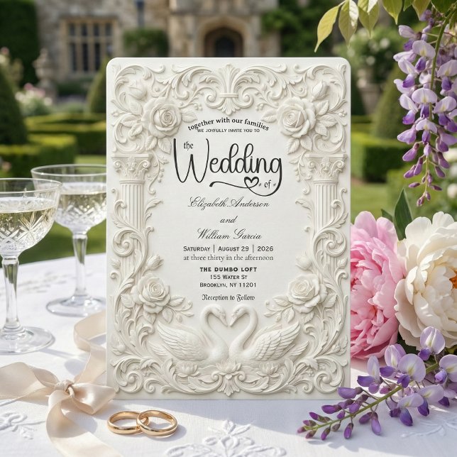 Elegant Cream Faux Sculpted Swans Wedding   Einladung (Von Creator hochgeladen)