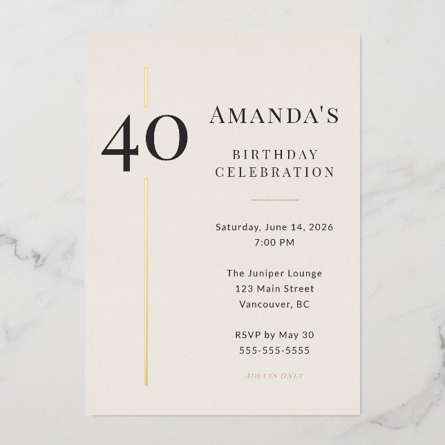 Elegant Cream & Gold 40th Birthday Celebration Folieneinladung (Vorderseite)