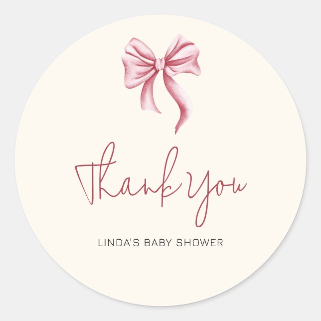 Elegant Cream Pink Girl Bow Baby Shower Thank You Runder Aufkleber (Vorderseite)