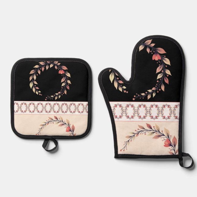 Elegant cream rose clay and black ofenhandschuh & Topflappen-Set (Vorderseite)