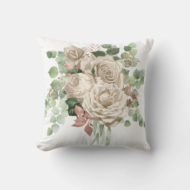 ELEGANT CREAM ROSE EUCALYPTUS CUSHION KISSEN (Vorderseite)