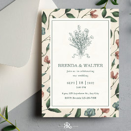 Elegant Cream Rustic Wildflower Sketch Wedding Einladung