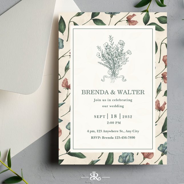 Elegant Cream Rustic Wildflower Sketch Wedding  Einladung (Von Creator hochgeladen)