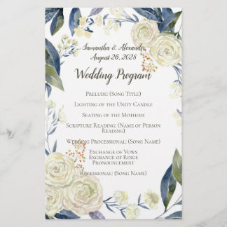 Élégant Crème bleu Aquarelle Programme de mariage