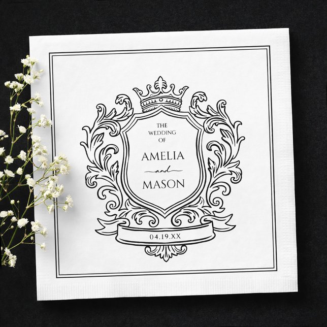 Elegant Crest Black and White Paper Wedding Serviette (Elegant Crest Black and White Paper Wedding Napkins)