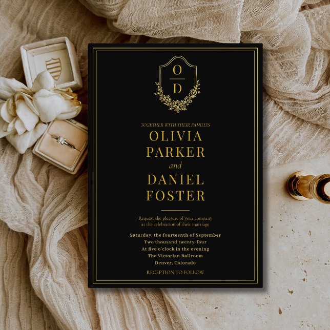 Elegant Crest Black Gold Minimalist Wedding Folieneinladung (Von Creator hochgeladen)
