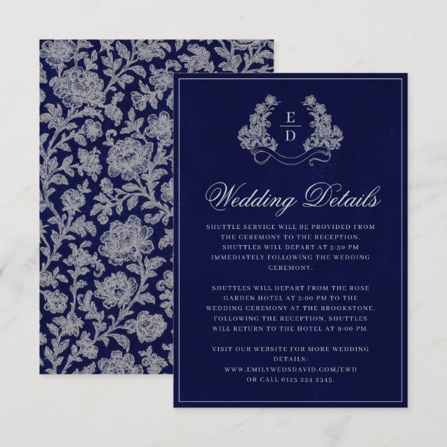 Elegant Crest Monogram Navy Heritage Wedding Begleitkarte (Vorne/Hinten)
