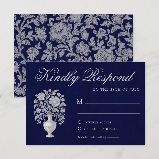 Elegant Crest Monogram Navy Heritage Wedding RSVP Karte (Vorne/Hinten)