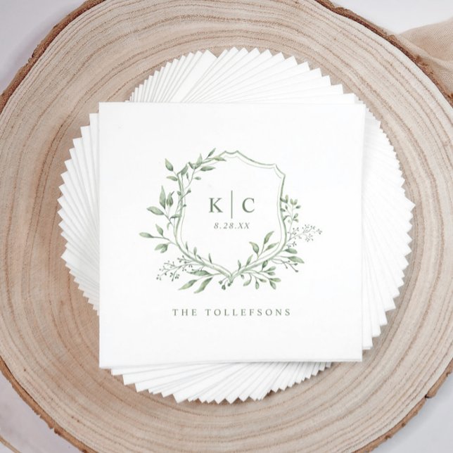 Elegant Crest Sage Watercolor Wedding Logo Serviette (Elegant sage green wedding napkin with hand-painted watercolor crest and initials)