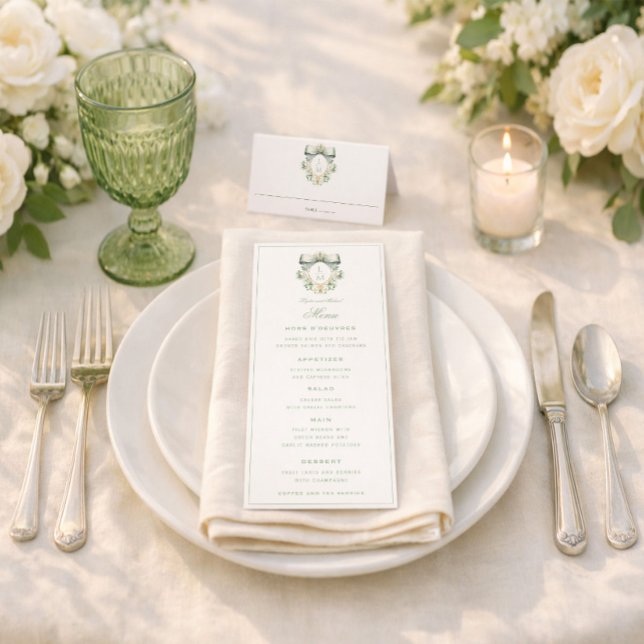 Elegant Crest w/ Sage Green Bow | Monogram Wedding Menükarte (Von Creator hochgeladen)