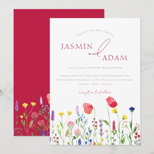 Elegant Crimson Red Wildblumen Hochzeit Einladung (Vorne/Hinten)