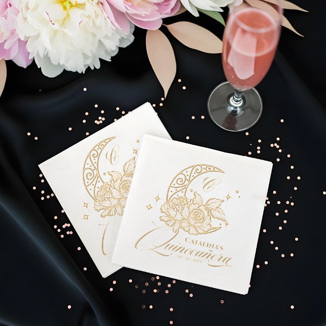 Élégant croissant floral Lune Monogram Quinceanera (Elegant Floral Crescent Moon Monogram Quinceanera Foil Napkins)