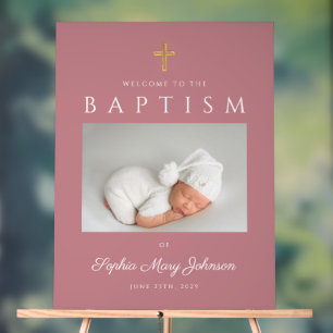 Elégant Croix Rose Photo Girl Baptism Bienvenue