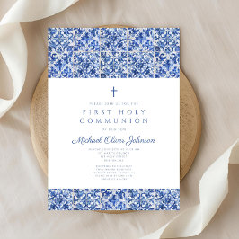 Elegant Cross Blue Tiles Boy First Communion Einladung