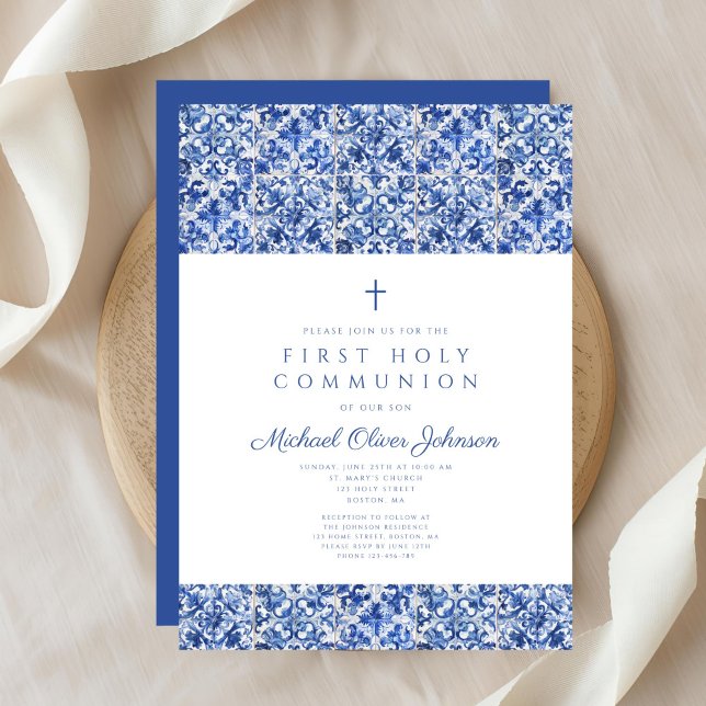 Elegant Cross Blue Tiles Boy First Communion Einladung (Elegant Cross Blue Tiles Boy First Communion Invitation )