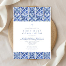 Elegant Cross Blue Tiles Boy First Communion