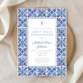 Elegant Cross Blue Tiles Boy First Communion Einladung
