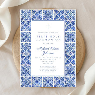 Elegant Cross Blue Tiles Boy First Communion Einladung