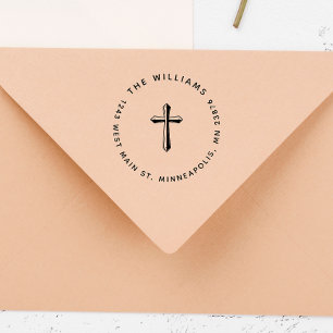 Elegant Cross Christian Family Return Address Gummistempel