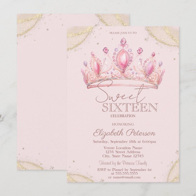 Elegant Crown Gold Glitter Corners Sweet 16   Einladung (Vorne/Hinten)
