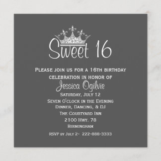 Elegant Crown Gray & White Sweet 16 Geburtstag Einladung