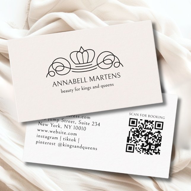Elegant Crown Salon Beige QR Code Visitenkarte (Elegant Crown Salon Beige QR Code Business Card)